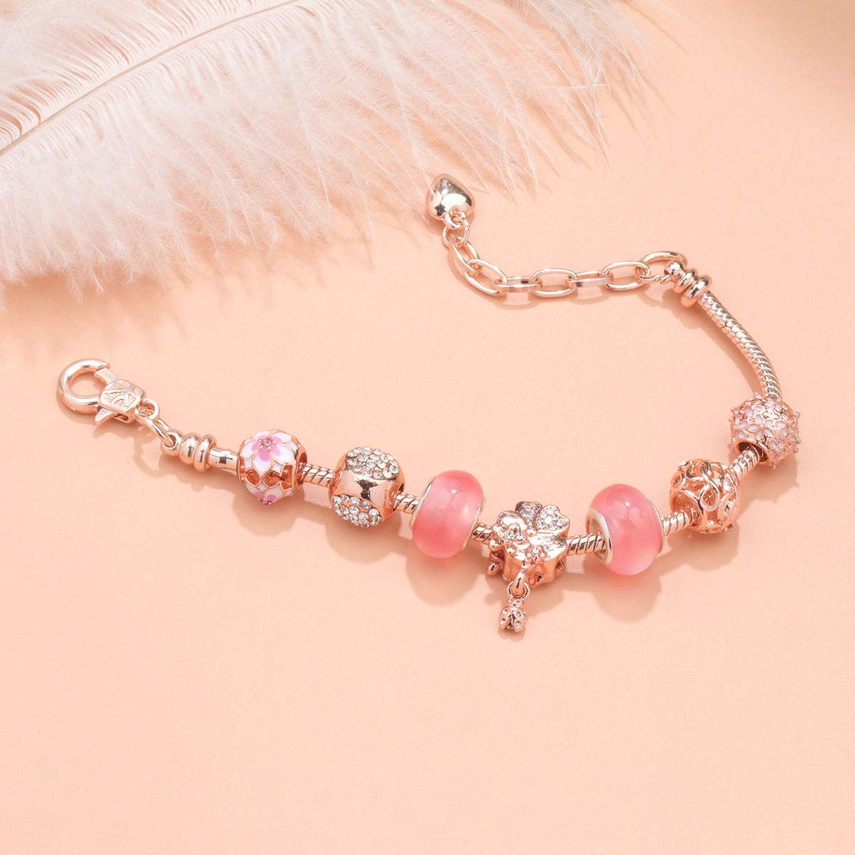 Rose Gold Beaded Bracelet with Floral & Zircon Accents(18cm)