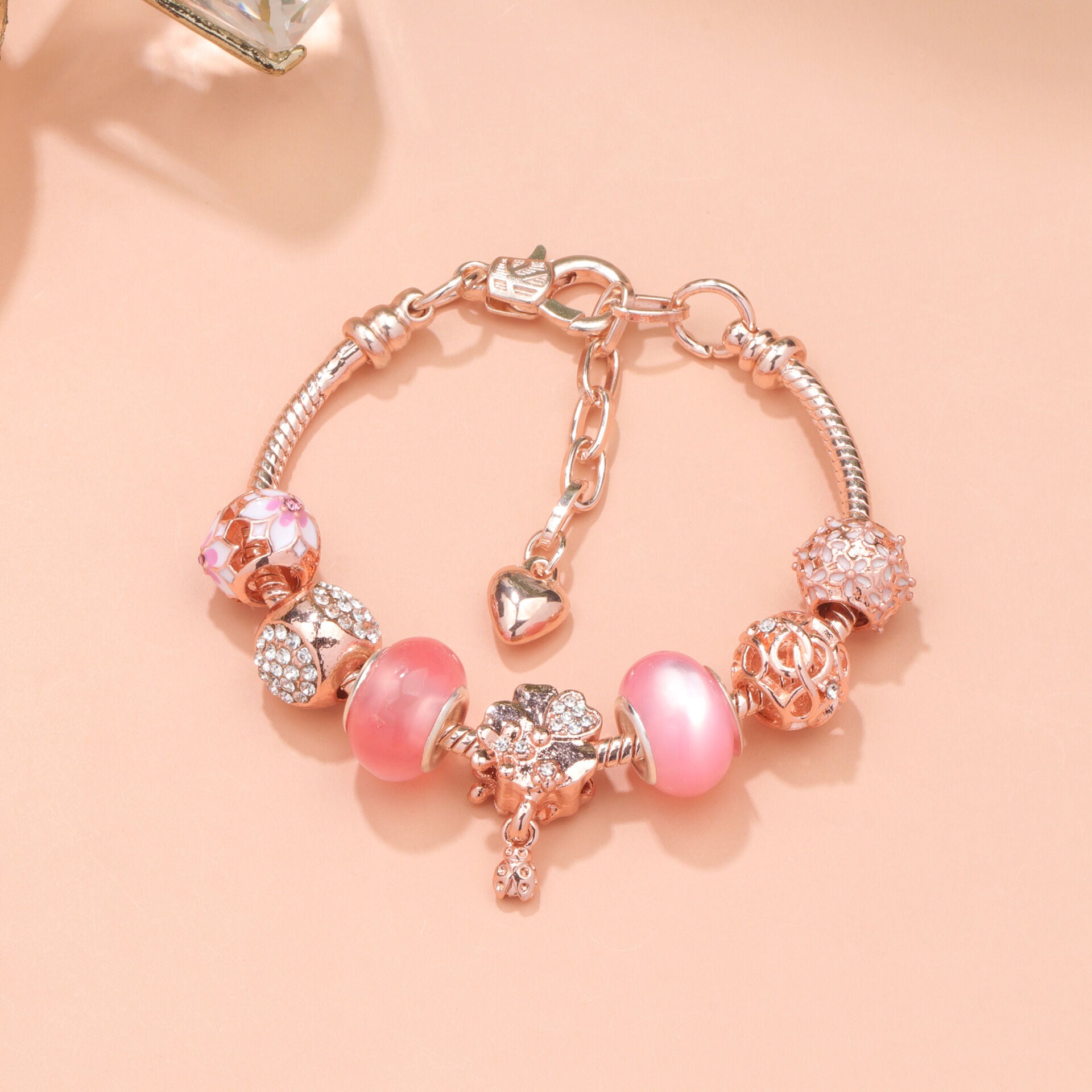 Rose Gold Beaded Bracelet with Floral & Zircon Accents(19cm)
