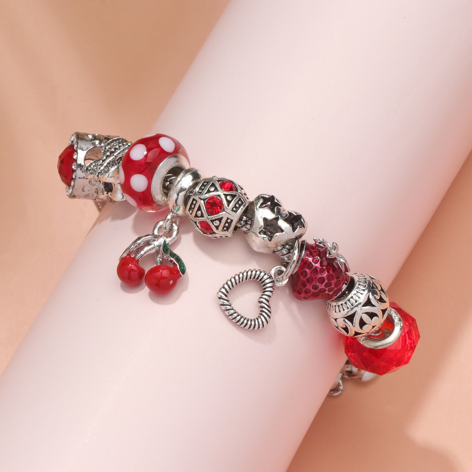 Charm Bracelet with Butterfly & Crystal Heart, Zinc Alloy(red,17cm)