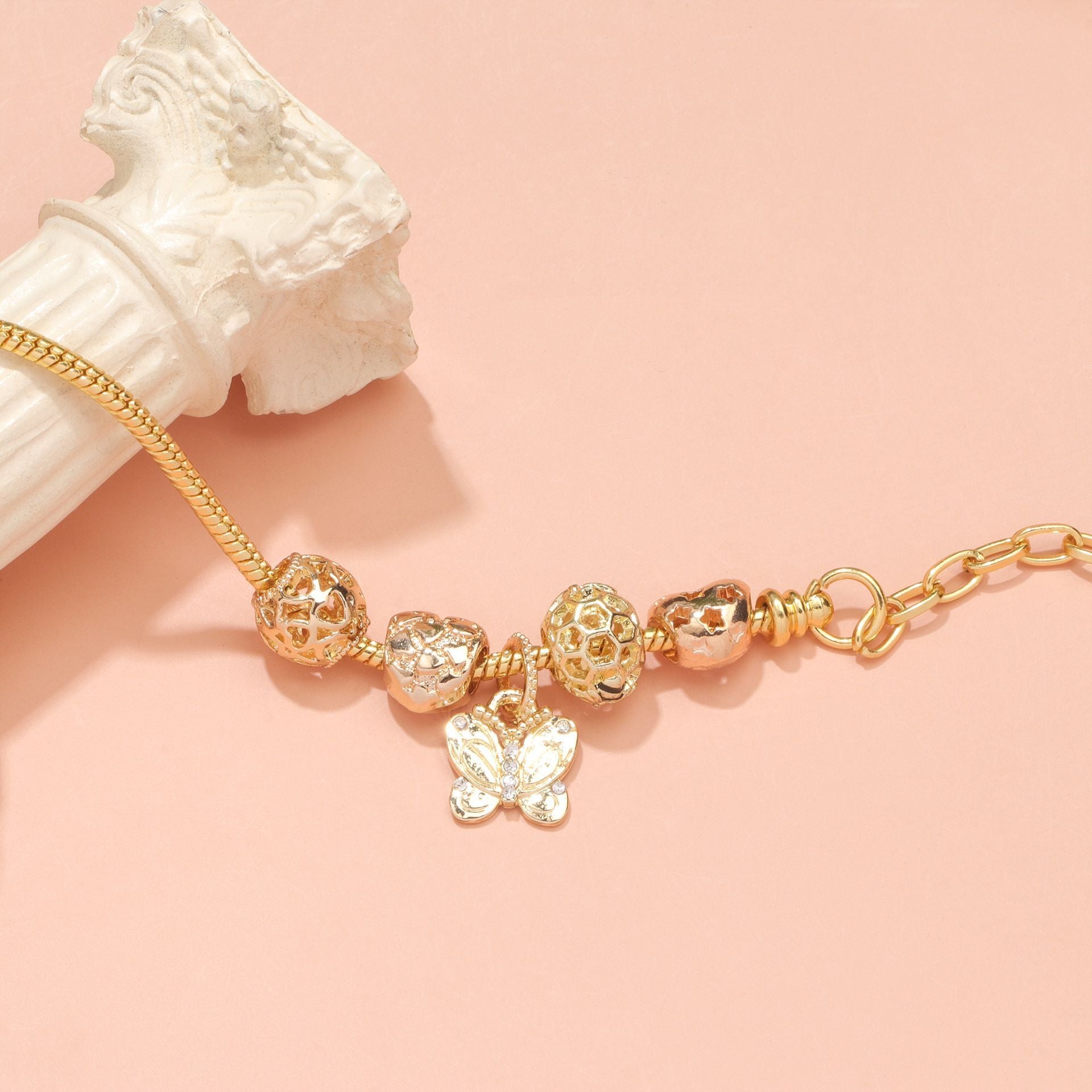 Hollow Beads Butterfly Heart Charm Bracele(yellow,18cm)