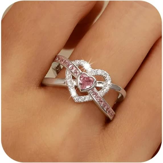Dainty Infinity Heart Promise Ring for Women 925 Sterling Silver Pink Love CZ Birthstone Cute Ring for Wife Eternity Wedding Engagement Band Rings Jewelry Birthday Gift to Daughter Mother