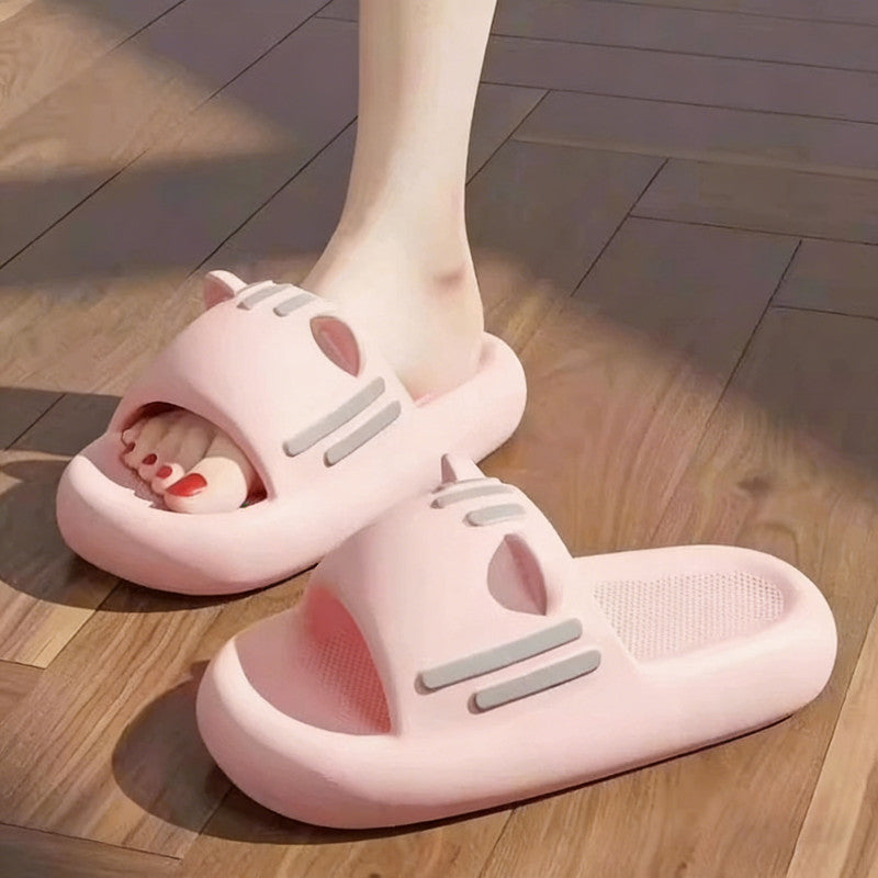 Women’s Slides Cute Bathroom Slippers Non-Slip Cartoon Cat Shaped Indoor Outdoor Summer Slippers(pink,38-39)