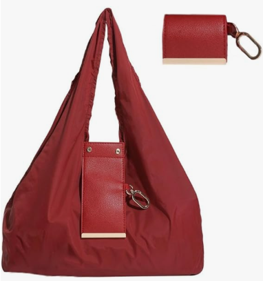Keychain Tote Bag Compact & Expandable for On the Go, Foldable Tote Bag with Key Ring for Daily Errands - Red