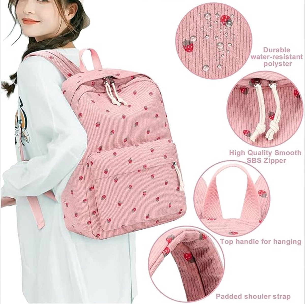 3 PCS Women's Backpack - Backpacks - Girl's Backpack - School Backpack for Teenage Girls - School Bag - Corduroy - Laptop Bag - Women's Travel Backpack - Pink