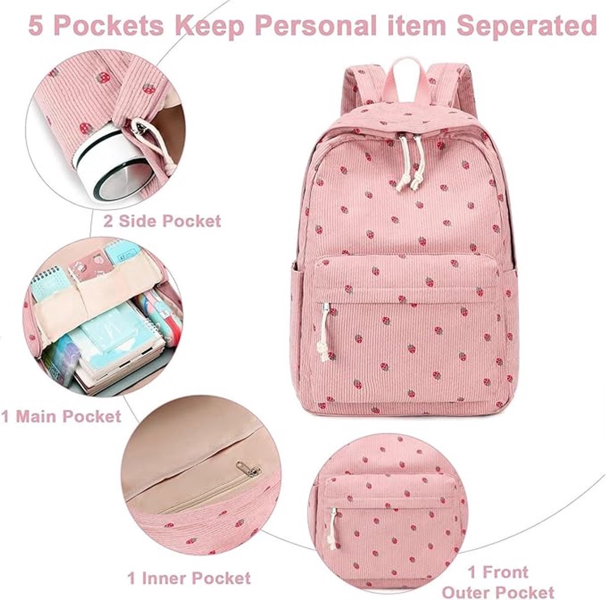 3 PCS Women's Backpack - Backpacks - Girl's Backpack - School Backpack for Teenage Girls - School Bag - Corduroy - Laptop Bag - Women's Travel Backpack - Pink