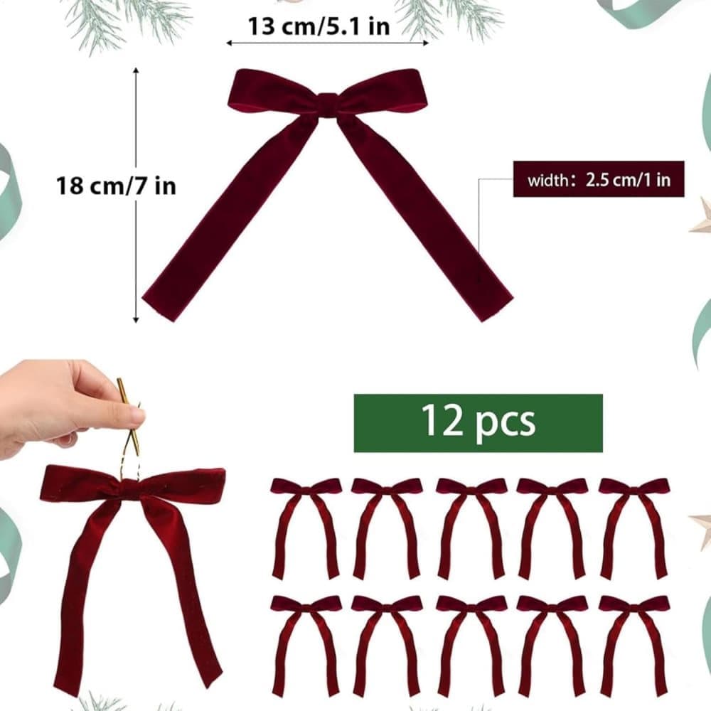 12 Christmas Bows for Tree, Velvet in Burgundy