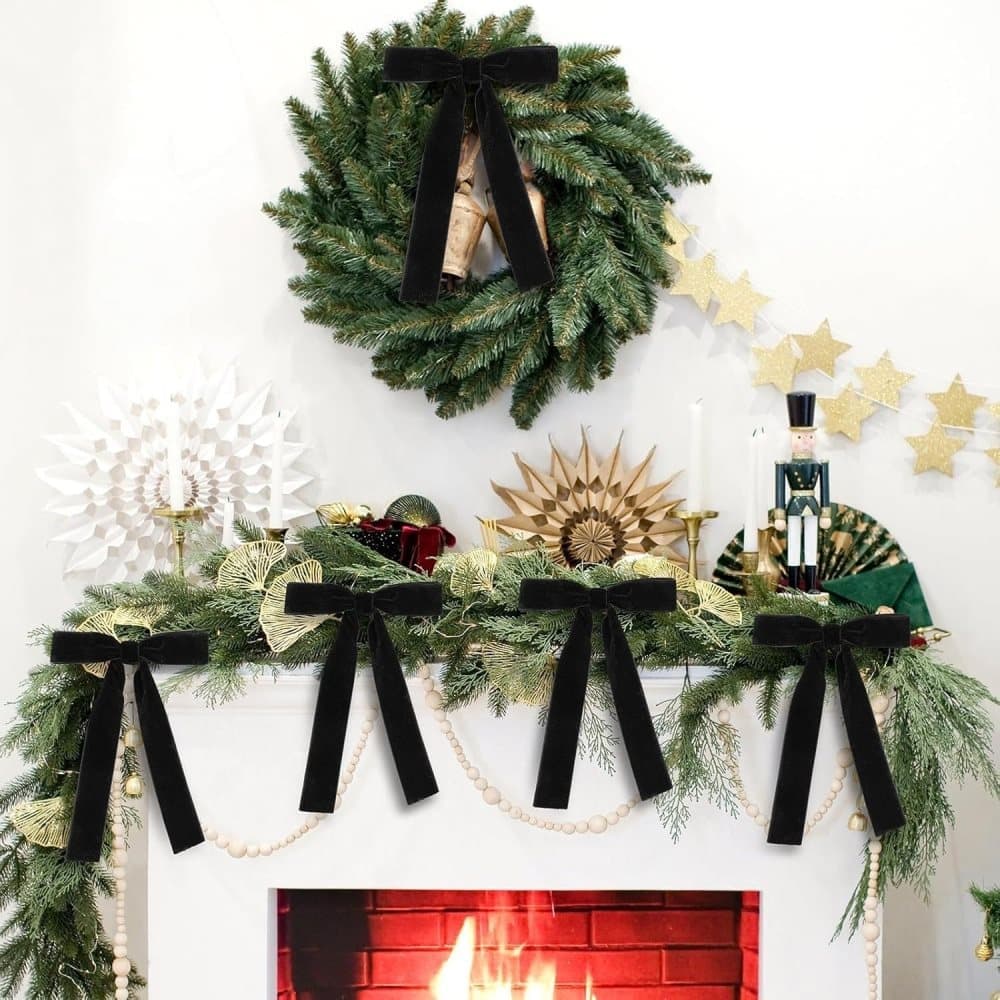 12 Christmas Bows Velvet Tree Decorations in Black, 6 inches