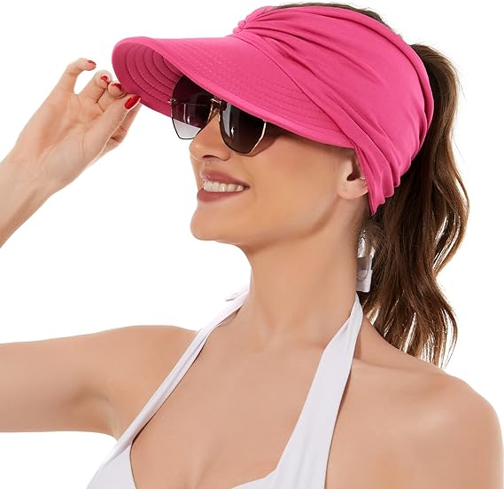 Women's UPF 50+ UV Protection Sun Visor Hat | That Girl Aesthetic High Ponytail Wide Brim Hat | Birthday Gift for Her Beach Golf Hiking Outdoor Daily Casual WearRose Red
