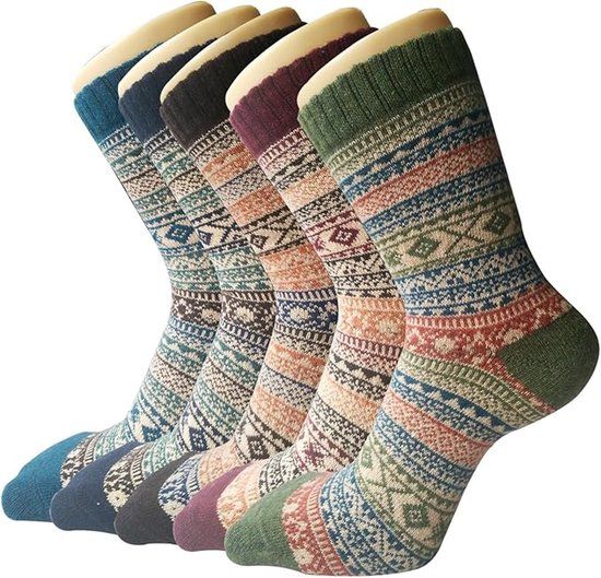 Socks - Thermal Winter Socks with Vintage Print - Set of 5 Pairs - Size 36-41 - Soft - Breathable - Multicolor - Cute Christmas Gift