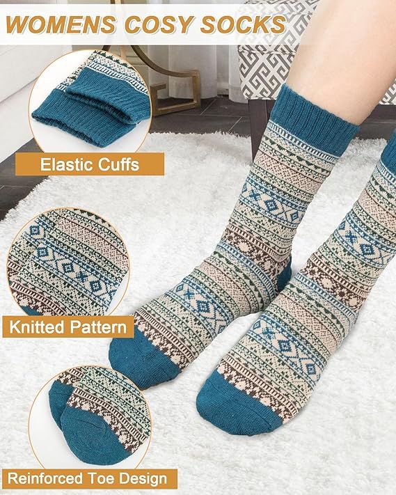 Socks - Thermal Winter Socks with Vintage Print - Set of 5 Pairs - Size 36-41 - Soft - Breathable - Multicolor - Cute Christmas Gift