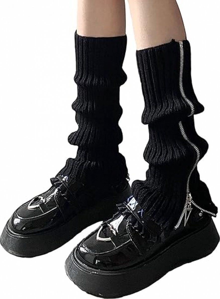 Knitted Leg Warmers Over the Knee Boot Socks with Zipper Black