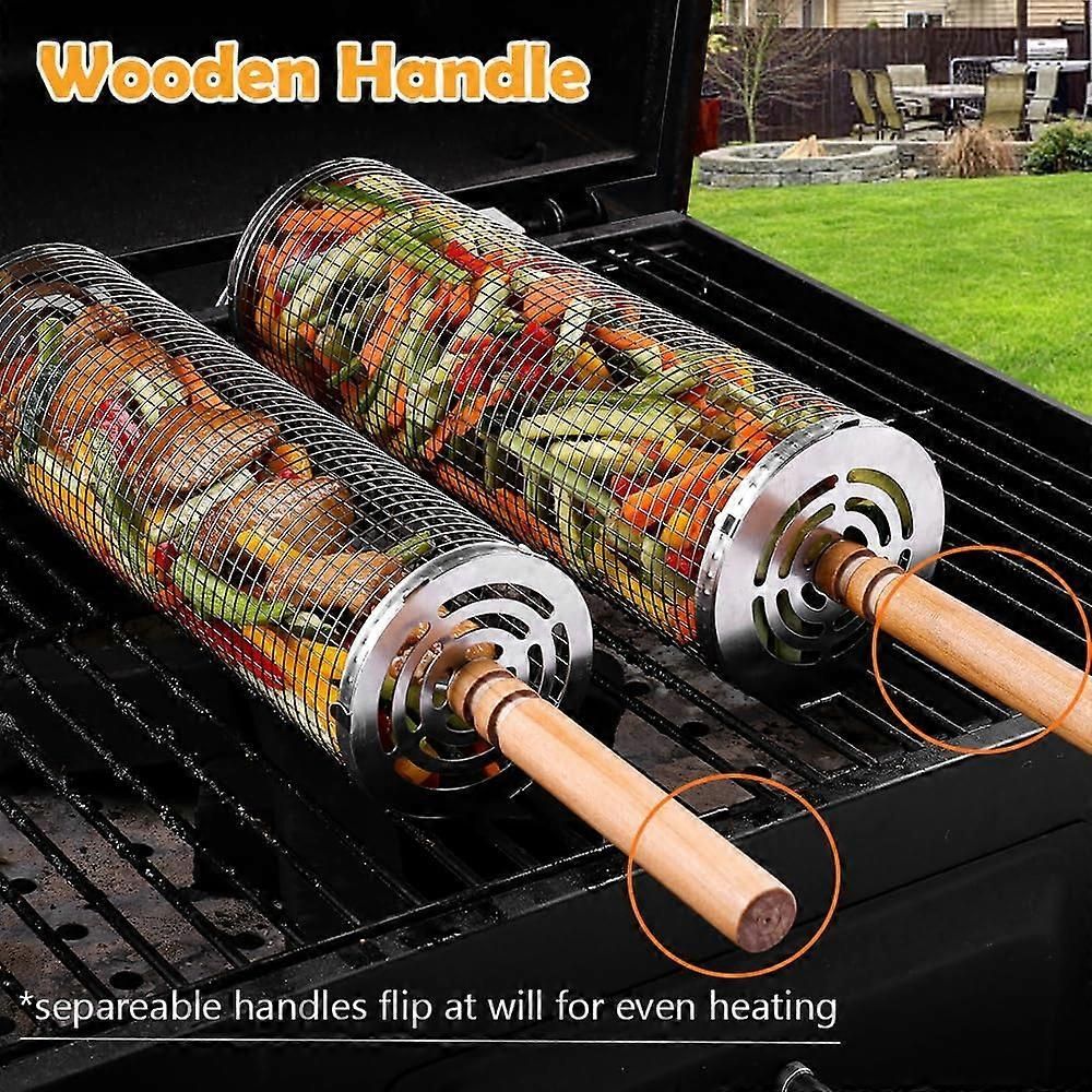 2-Piece Rolling Grill Baskets Stainless Steel for Vegetables Fish and Outdoor Grilling