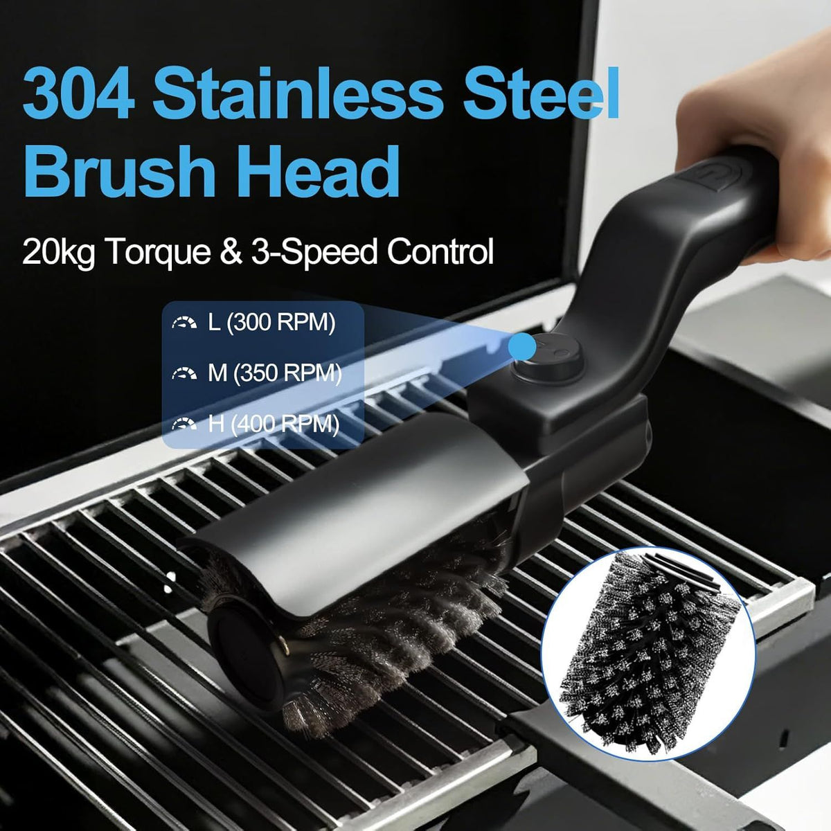 Electric Grill Brush Rechargeable 3-Speed with 180 Degree Adjustable Stainless Steel Head