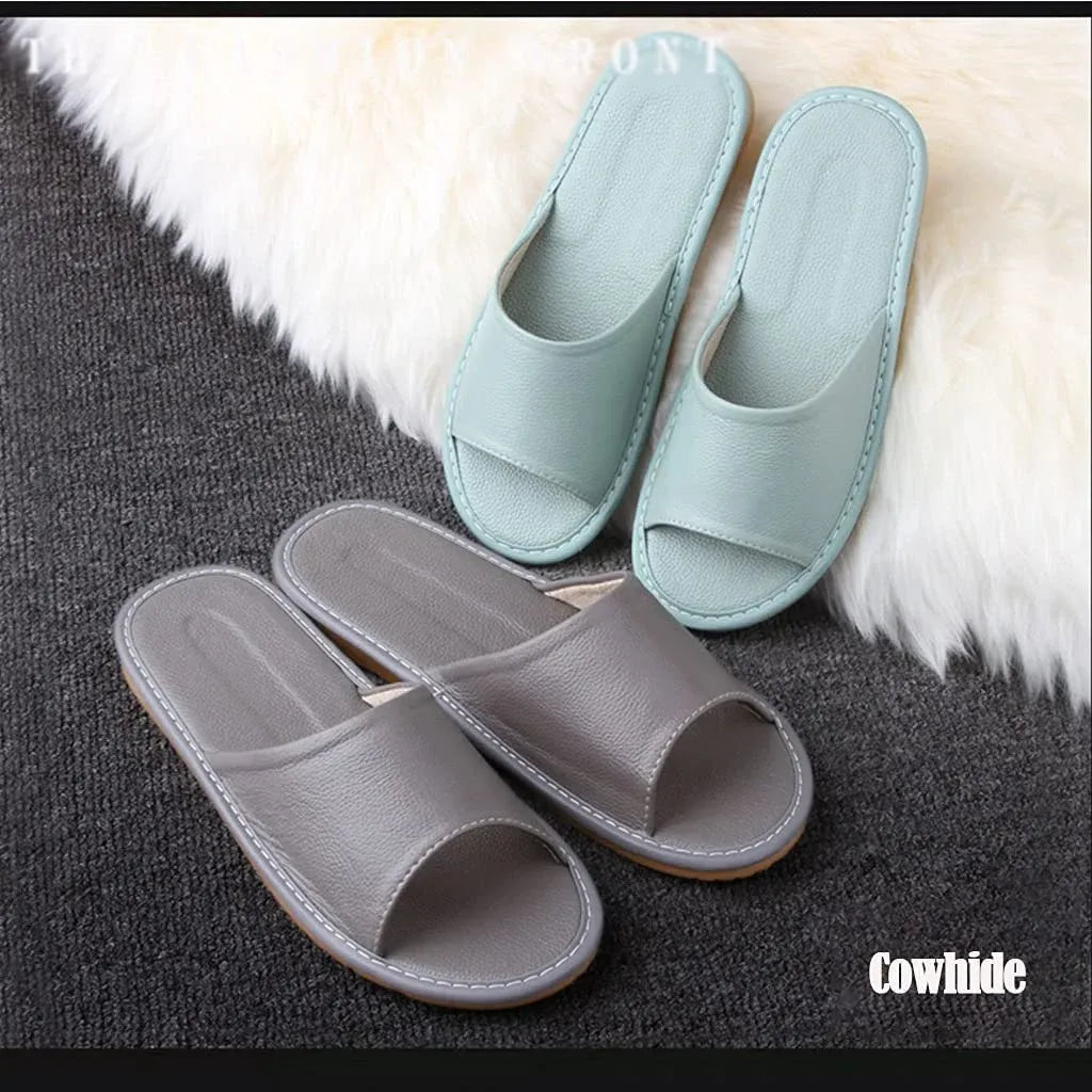 Black Leather Open Toe Slippers, Non Slip Indoor House Sandals for Men Women, EUR34-35