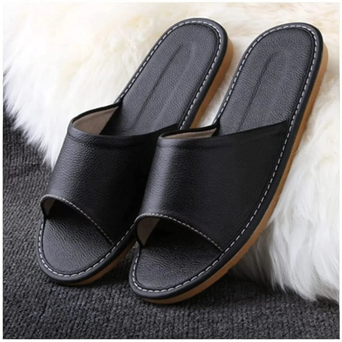 Black Leather Open Toe Slippers, Non Slip Indoor House Sandals for Men Women, EUR35-36