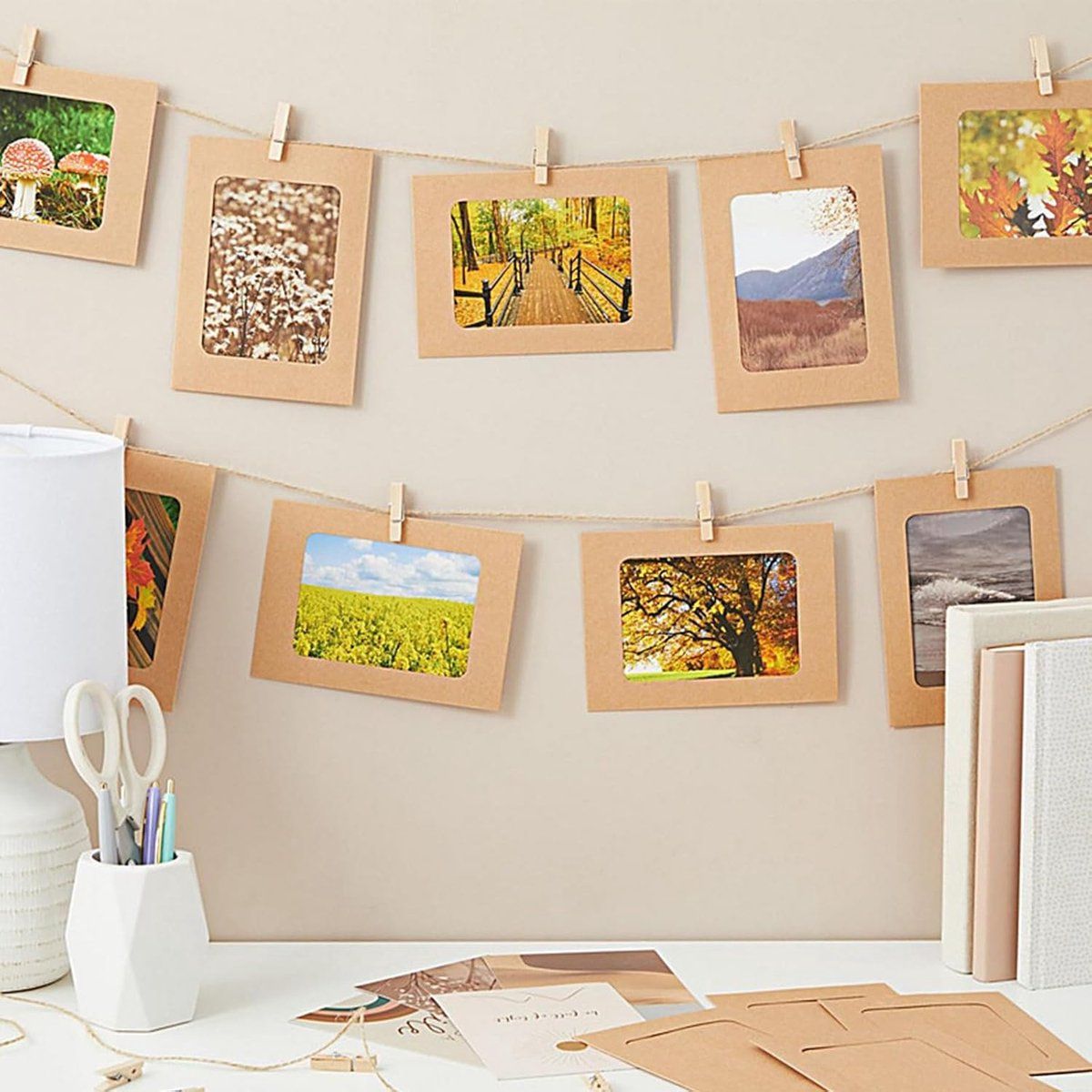 20-Pack 5-Inch Kraft Paper Photo Frames with Wooden Clips and Hanging Twine for Wall Displays and Events
