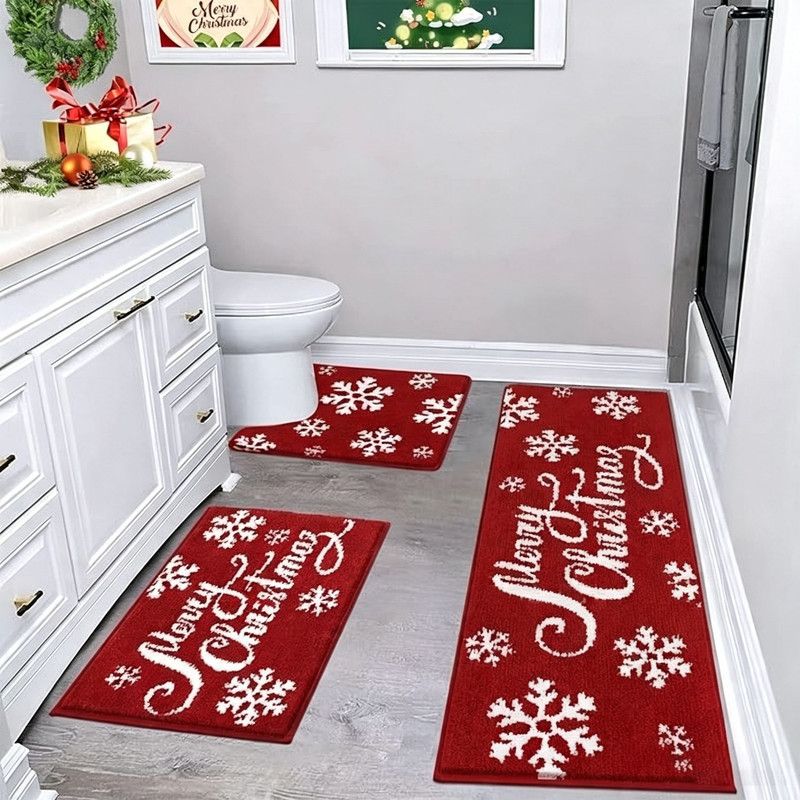 Christmas 3-Piece Faux Cashmere Bathroom Mat Set,Non-Slip Bottom,Stitched Edge,Festive Xmas Decor Water Absorbent Wear Resistant Bathroom Doormat(A)