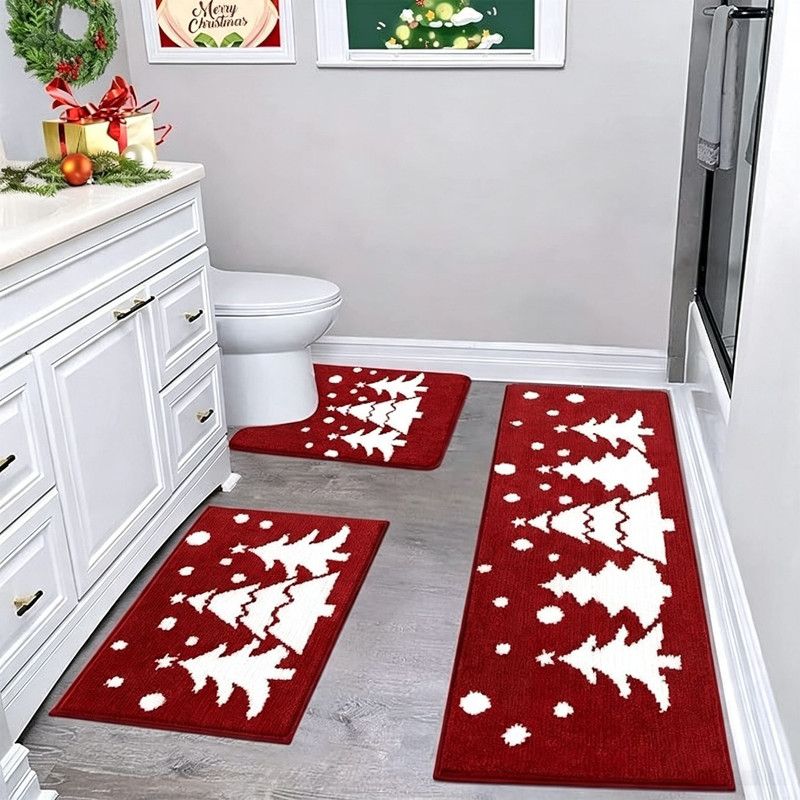 Christmas 3-Piece Faux Cashmere Bathroom Mat Set,Non-Slip Bottom,Stitched Edge,Festive Xmas Decor Water Absorbent Wear Resistant Bathroom Doormat(D)