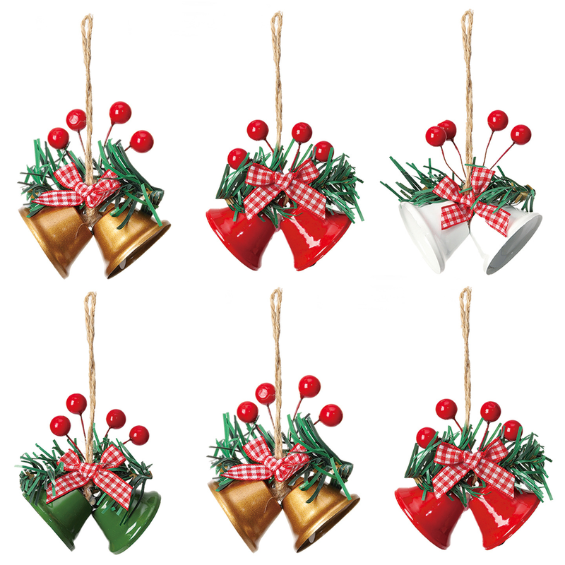 Christmas Bell Ornaments, 6Pcs Xmas Double Bells Hanging Decorations with Red Berries, Plaid Bow & Pine Needles, Holiday Home Party Wreath Decor