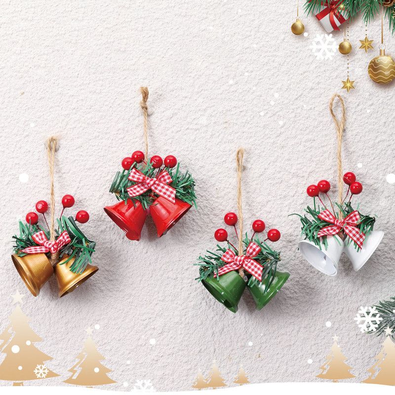 Christmas Bell Ornaments, 6Pcs Xmas Double Bells Hanging Decorations with Red Berries, Plaid Bow & Pine Needles, Holiday Home Party Wreath Decor