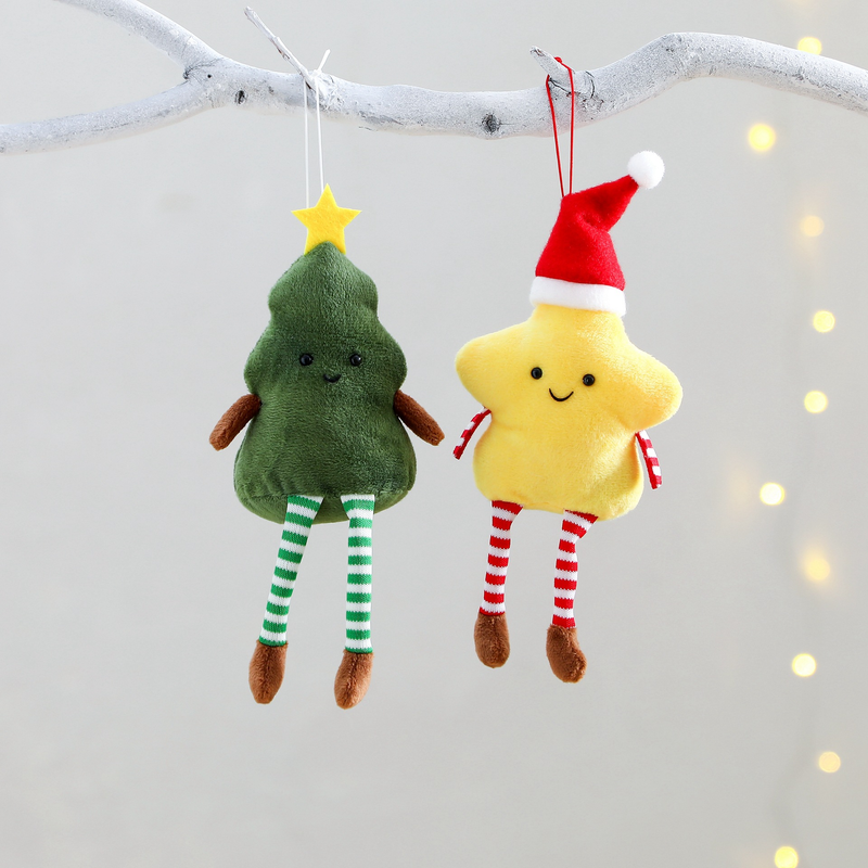 Cute Christmas Plush Ornaments, 2 Styles Xmas Tree & Star Plush Doll Hanging Decorations, Soft Stuffed Elf Pendant for Christmas Tree, Home Holiday Party Decor, Gift Ornament