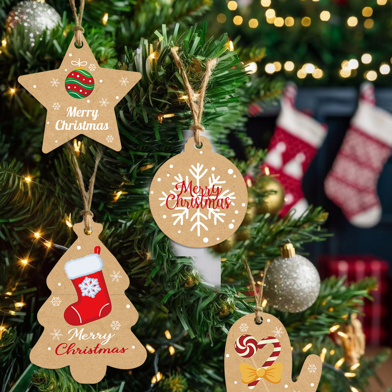 50Pcs Christmas Kraft Gift Tags with Jute Twine, Assorted Merry Christmas Paper Hang Tags, Xmas Tree Shape Label Tags for Gift Wrapping, Christmas Tree Ornaments