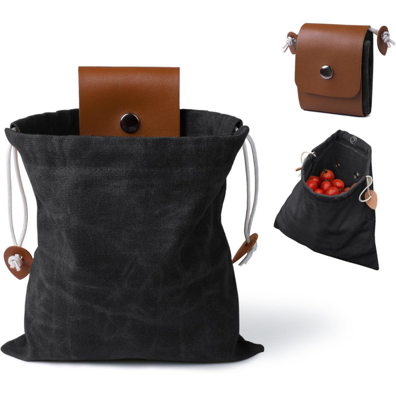Collection bag - outdoor fruit picking bag - waxed canvas collection bag - foldable leather waist bag with drawstring - multifunctional picking bag for camping, shells, treasures, travel, hiking - Black