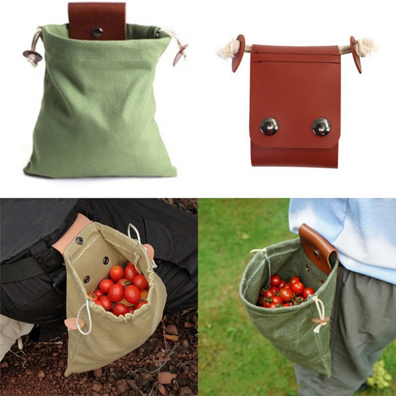 Collection bag - outdoor fruit picking bag - waxed canvas collection bag - foldable leather waist bag with drawstring - multifunctional picking bag for camping, shells, treasures, travel, hiking - Khaki