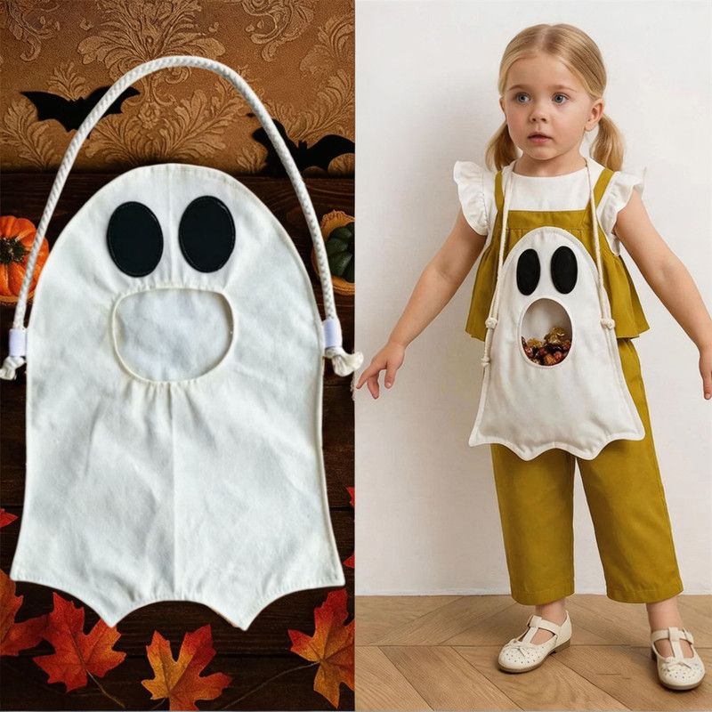 Halloween Ghost Candy Treat Bag for Kids, DIY Adjustable Crossbody Storage Pouch, Cute Ghost Trick‑or‑Treat Sling Bag for Halloween Party, Pumpkin Orange