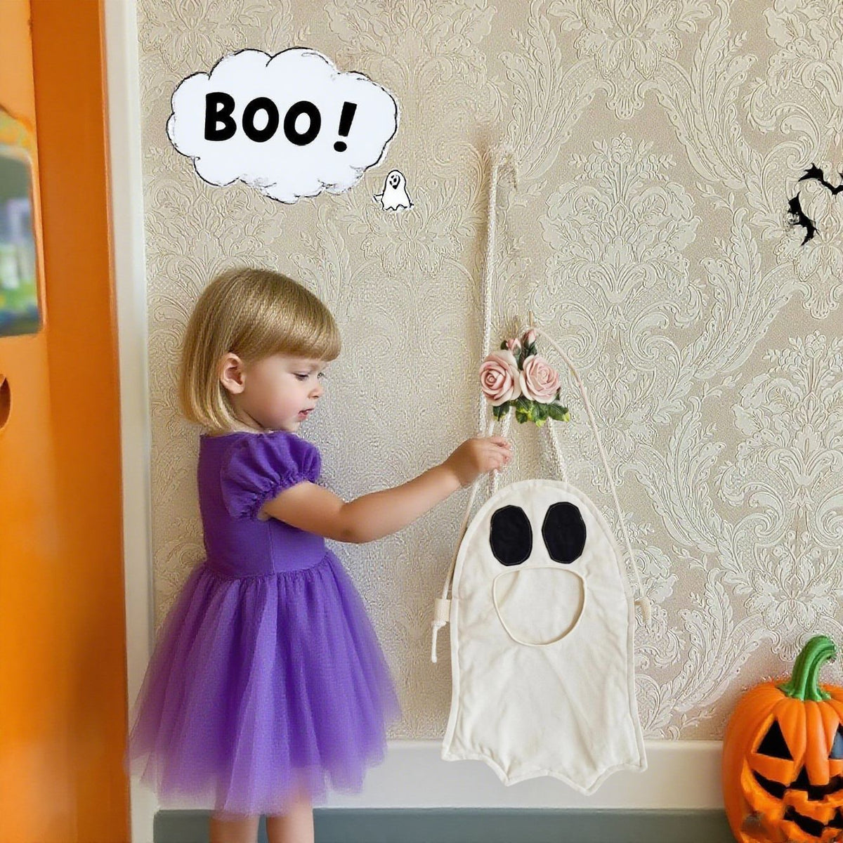 Halloween Ghost Candy Treat Bag for Kids, DIY Adjustable Crossbody Storage Pouch, Cute Ghost Trick‑or‑Treat Sling Bag for Halloween Party, Pumpkin Orange