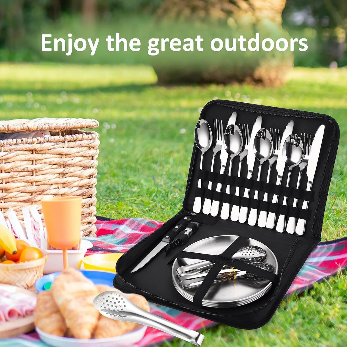 20Pcs Portable Camping Cutlery Set, Stainless Steel Picnic Utensils with Plates and Bottle Opener, Portable Cooking Utensils for 2, for Camping, Picnic, Outdoor Hiking