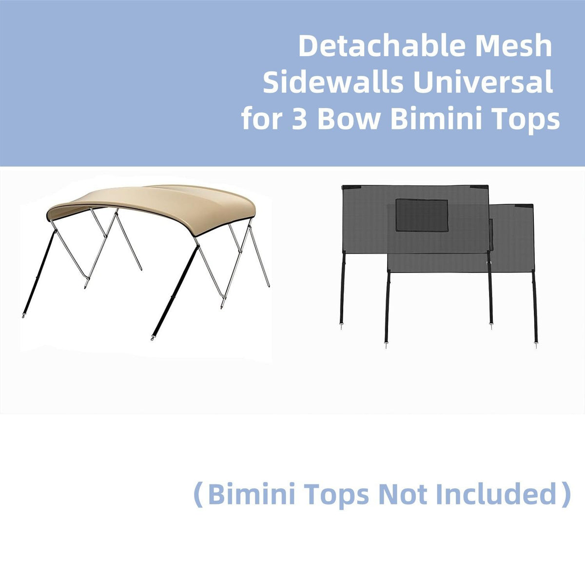 Removable Mesh Sidewalls for 3‑Bow Bimini Top, UV‑Protection Boat Side Curtains with Large Storage Pockets, Ventilated See‑Through Boat Shade Screen, 2‑Pack (Bimini Top Not Included)