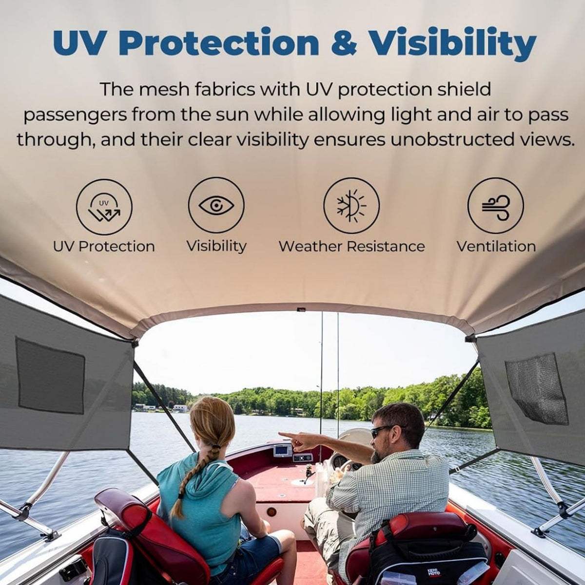 Removable Mesh Sidewalls for 3‑Bow Bimini Top, UV‑Protection Boat Side Curtains with Large Storage Pockets, Ventilated See‑Through Boat Shade Screen, 2‑Pack (Bimini Top Not Included)