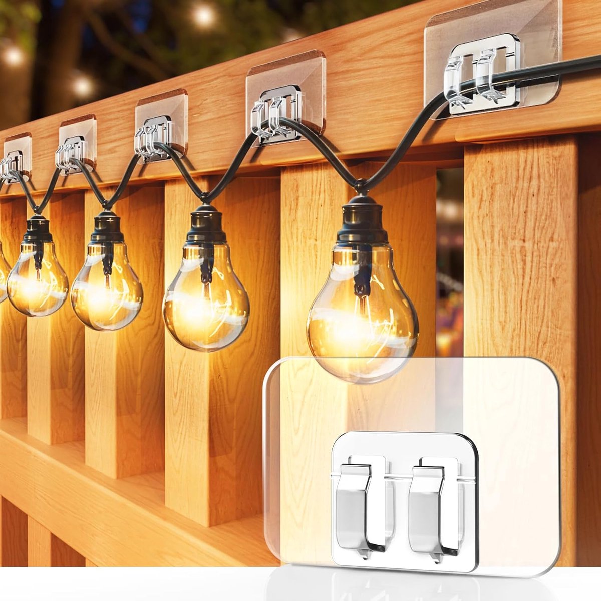 100 pieces Hooks for outdoor lighting - with adhesive strips - No damage, no tools, no holes, waterproof and UV-resistant - Perfect for Christmas and patio decoration