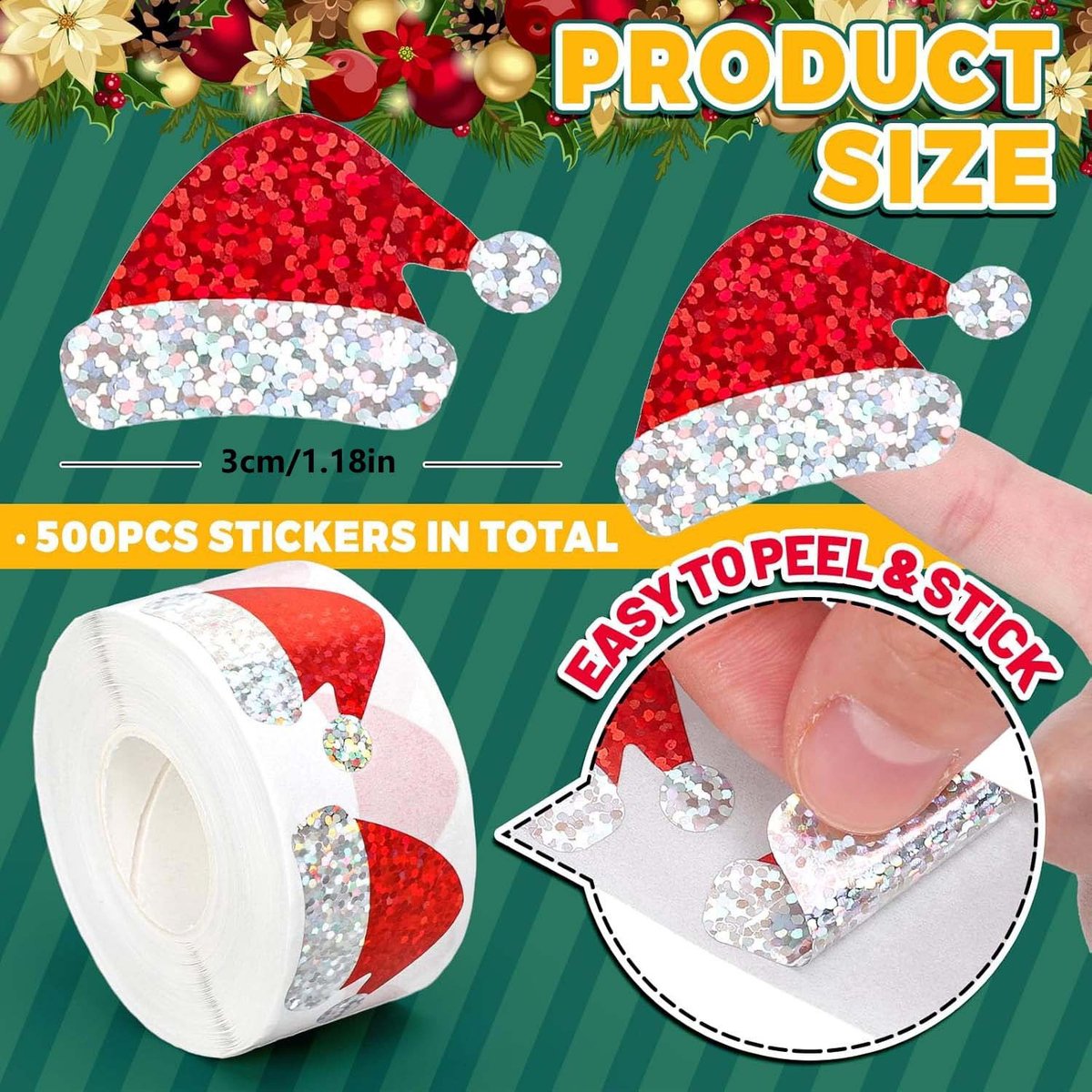 500 Christmas stickers on a roll - 3 cm red Santa hat - self-adhesive stickers for winter - for Christmas, envelopes, invitations, greeting cards, party supplies