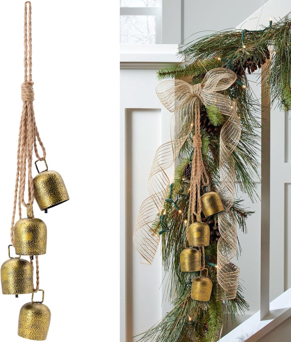 Christmas bells for decoration - Vintage cowbells of gold-colored metal with jute hanging cord - Decorative cowbell for weddings, parties, and Christmas wreaths