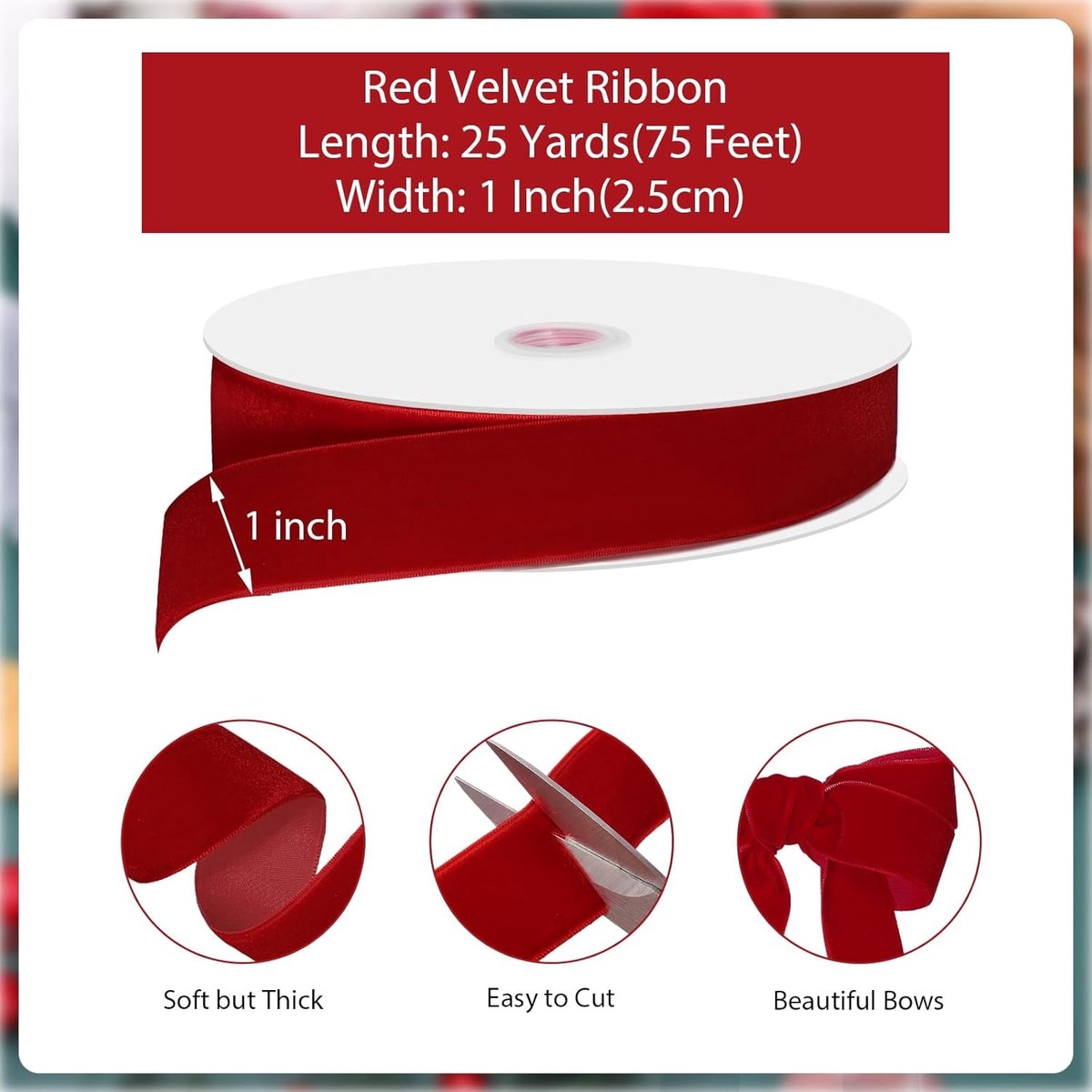 Red Velvet Ribbon – 2.5cm×22.5m, for gifts/Christmas decorations