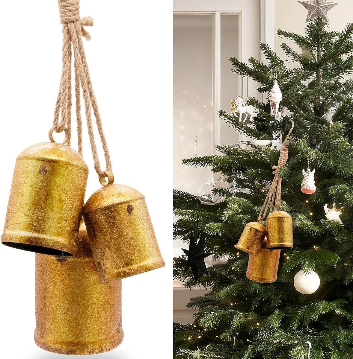 Christmas Bells for Decoration - Decorative Bells - Set of 3 Harmony Cow Bells - Metal Vintage Handmade Rustic Hanging Bells - with Jute Hanging Cord - Gold