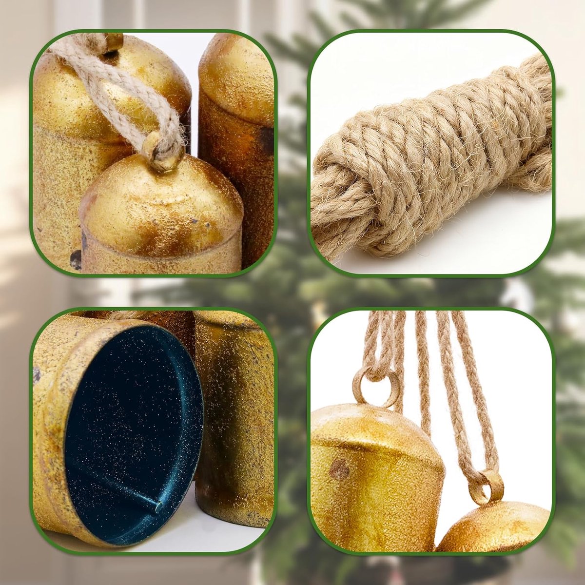 Christmas Bells for Decoration - Decorative Bells - Set of 3 Harmony Cow Bells - Metal Vintage Handmade Rustic Hanging Bells - with Jute Hanging Cord - Gold