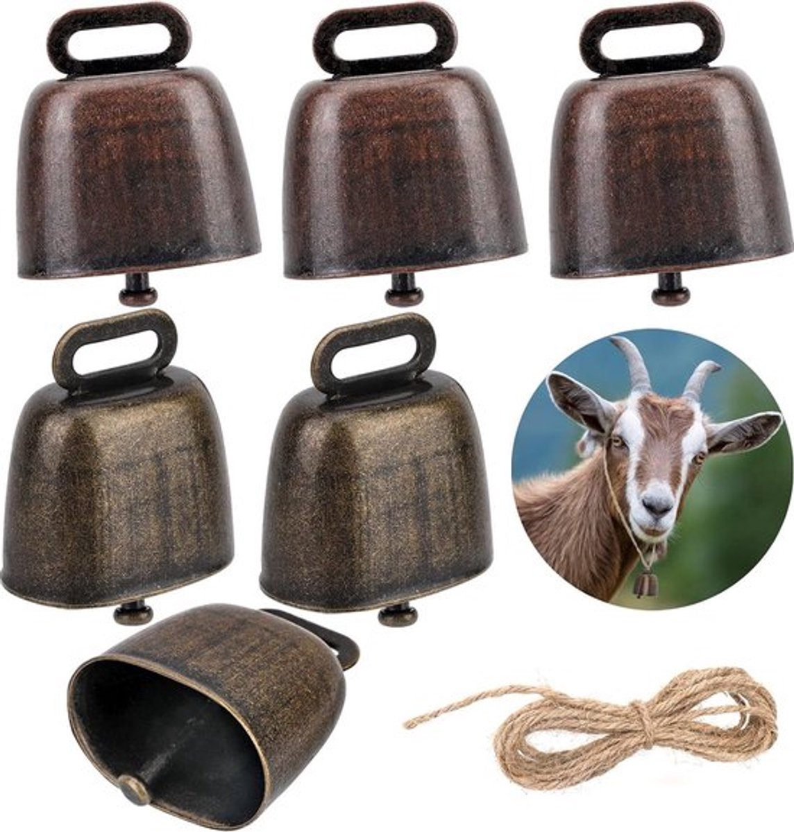 Cowbell 6 Pieces - Christmas Bells - Bell - Grazing Cowbell - Metal Cow Bell Small Bells - Goat Bell - Horse - Doorbell - Dog Bell - Christmas Decoration - Brass Ship's Bell - Animal Bells - Table Bell/Hand Bells - Decorative Bells - Farm - Animal Gift