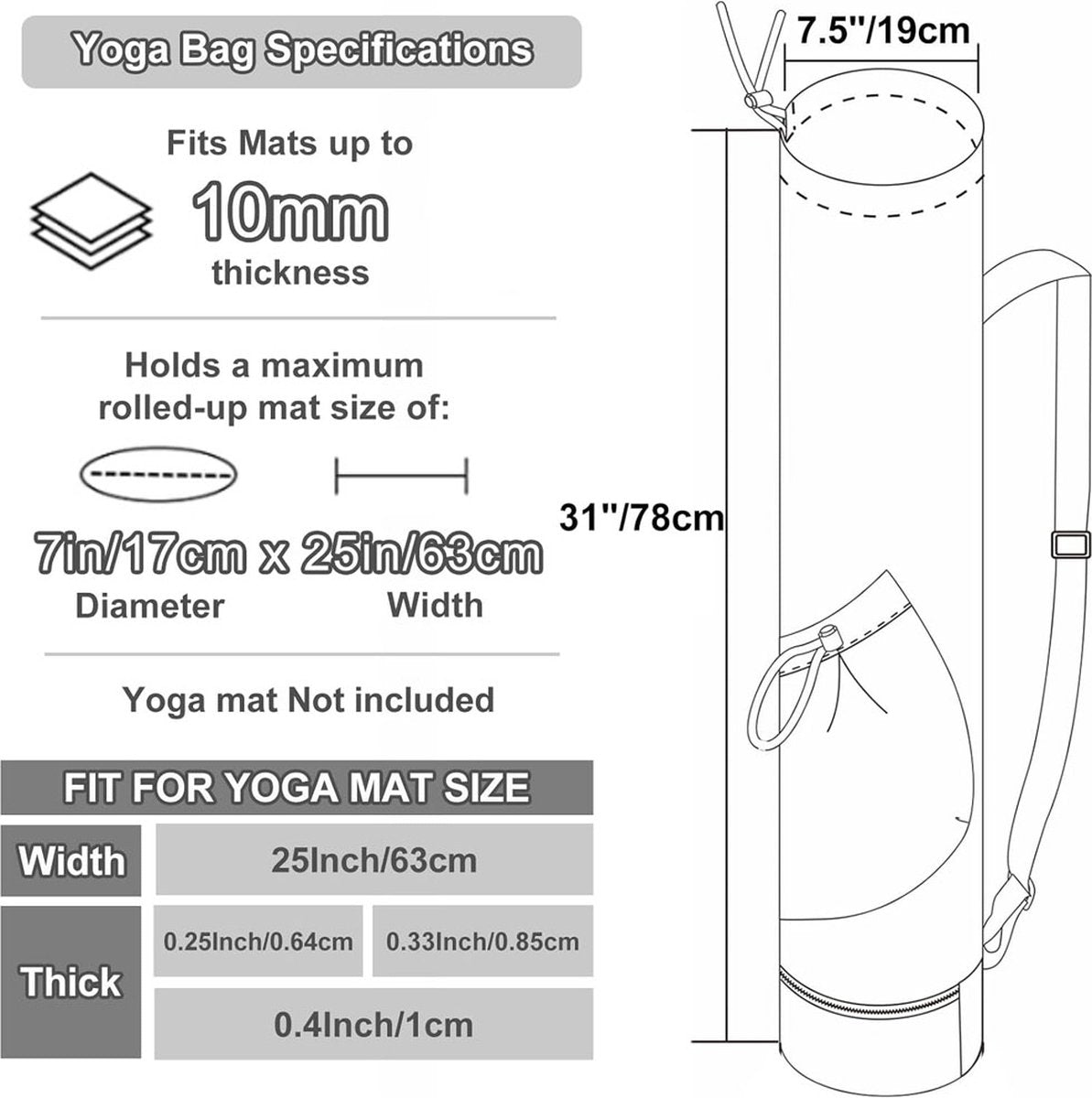 Yoga Mat Bag - Yoga Bag with Drawstring and Storage Compartment - Yoga Bag - Fitness Bag - Sports Bag - Pilates Bag - Waterproof - Universal - Gymnastics Mat Bag - Shoulder Bag - Multifunctional Storage Bag - Equipped with Carrying Strap - Black