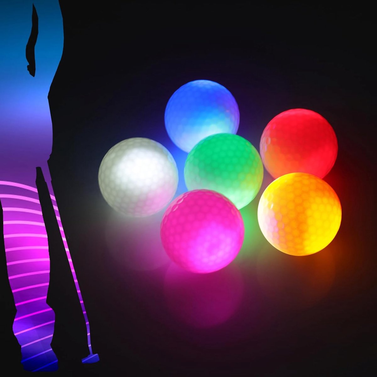 golf balls - 6 Pieces - Glow in the Dark golf balls - LED illuminated golf balls - multicolour