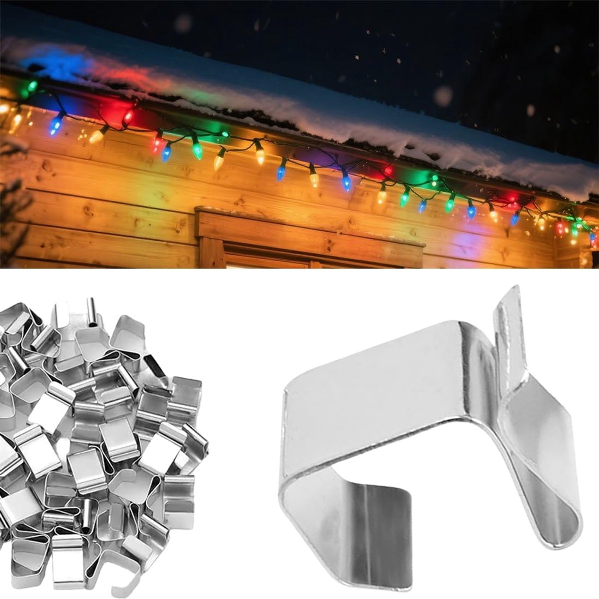 50 pieces - Christmas Lighting Gutter Hooks - Light Hose Clamps - Christmas Lighting Clips - Weatherproof Metal Gutter Clamp - Festive Lighting Clamps - Cable Clips - Christmas Decoration Hooks - for Christmas and Halloween Seasonal Cord - Silver - 20*14