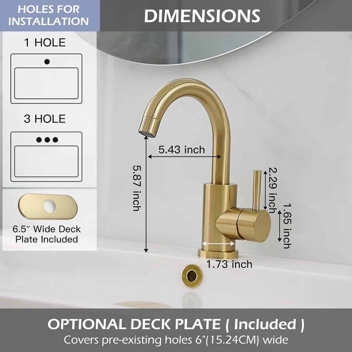 Faucet - Kitchen Faucet - Sink Faucet - 360° Rotatable Mixer Tap - Stainless Steel - Gold - with Cover Plate - for 1-3 Hole Installation