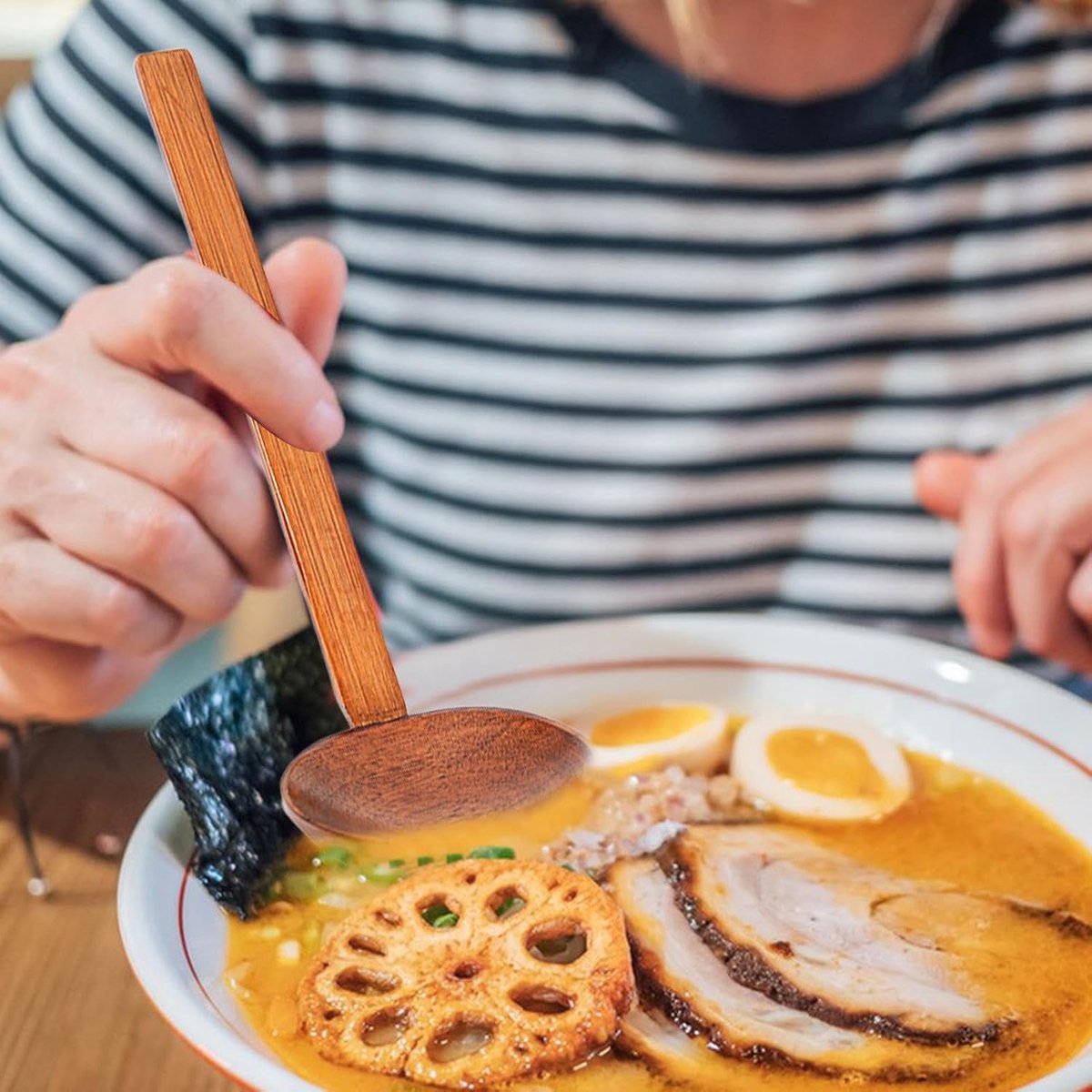 Soup Spoon - 4 Pieces - Stirring Spoon - Wood - With Long Handle - Ladle - Cooking Spoon - Serving Spoon - Bouillon Spoons - Kitchen Accessories - Cooking Utensils - For Soups, Ramen and Hotpot - Suitable for Restaurants and Homes - 22×7cm - Brown