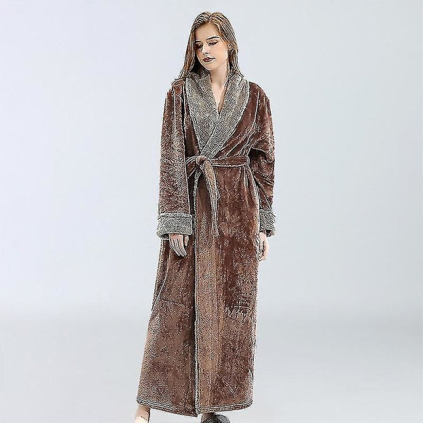 Women's Fleece Bathrobe Dressing Gown Long Warm Soft Robe Coffee Color XL Size