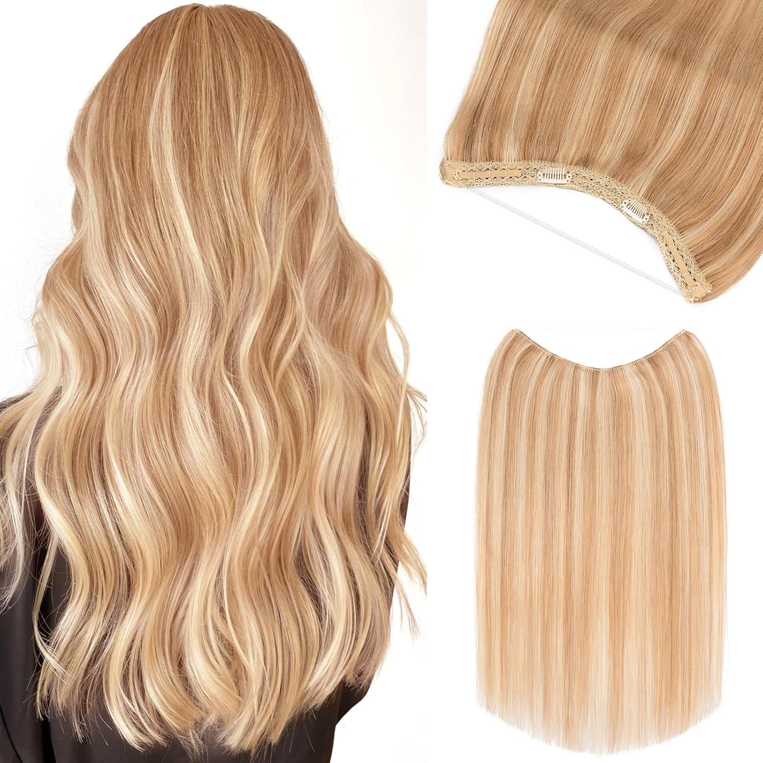 Halo Hair Extensions Real Human Hair 16 Inch Halo Extensions for Women 100% Human Hair Invisible Wire Hair Extensions Golden Brown Hightlights Bleach Blonde #12P613