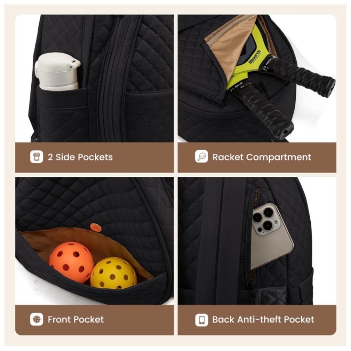 Backpack - Tennis Shoulder Crossbody Bag - Sports Bag - Waterproof Racket Bag - Suitable for Pickles and Badminton - Black