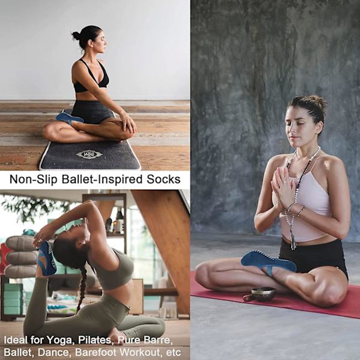 4 pairs of socks - yoga socks - non-slip socks - floor socks - yoga sports socks - one size fits all - suitable for ballet, dance, sports - red, blue, black, gray