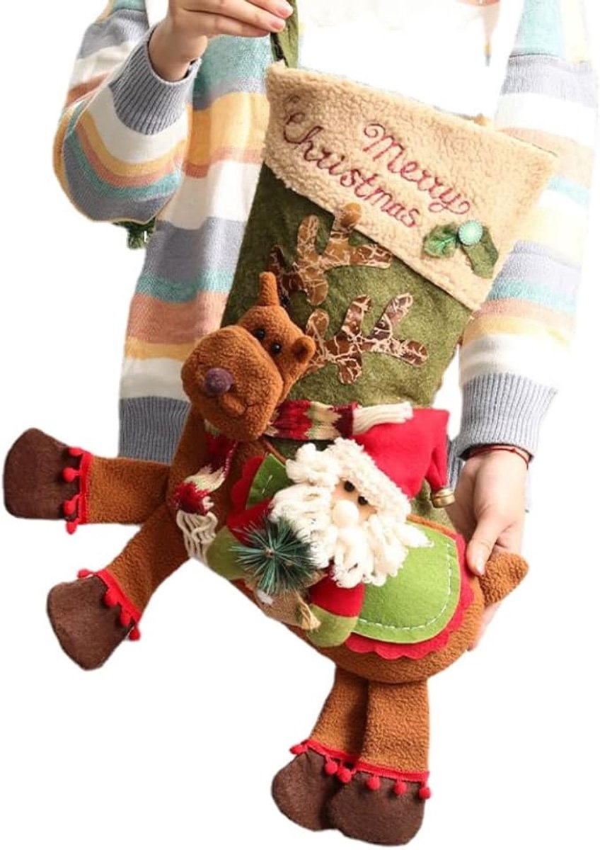 Gift Bags - 23 Inch Christmas Stockings - Santa and Reindeer Pattern - Extra Soft Plush Cuff - Classic Christmas Stocking Decoration - Perfect for Family Holiday Decor(A)